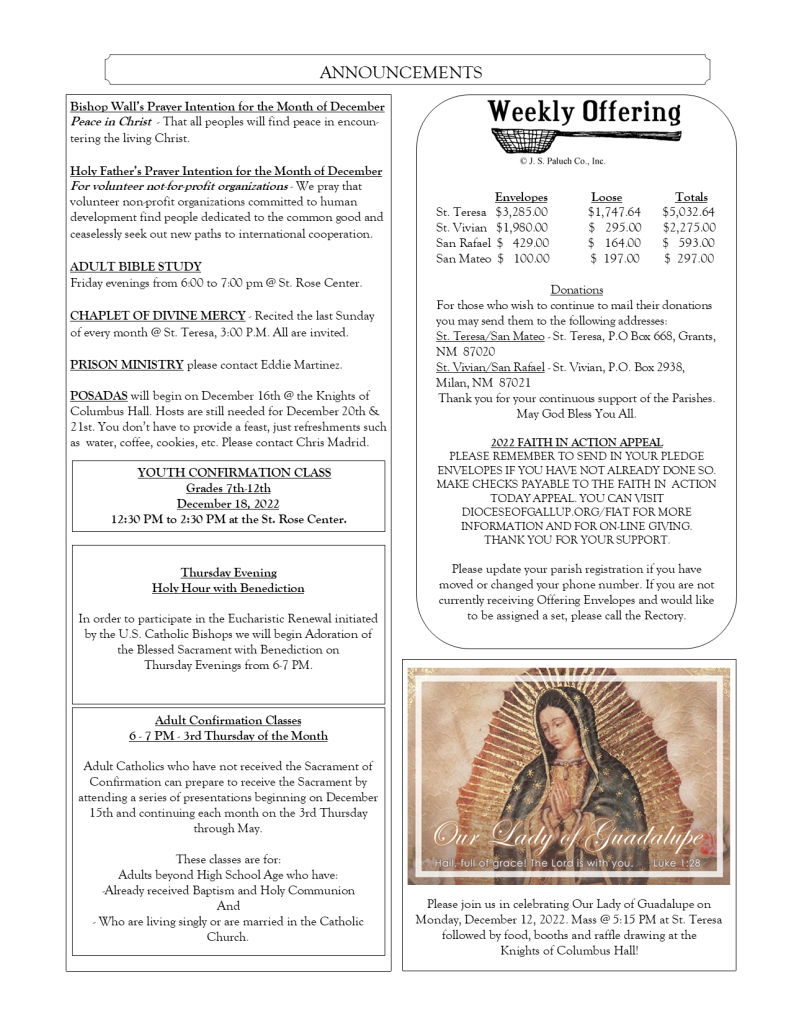 DECEMBER 11, 2022 BULLETIN – CIBOLA CATHOLIC COMMUNITY